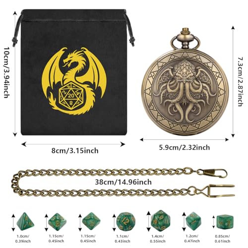Cthulhu Theme Pocket Watch Dice Set, DND Mystery Dice for RPG COC Pathfinder, DND Starter Set, 7pcs Green Small Polyhedral Acrylic Dice, Fantasy Gifts for Cthulhu Fans, Birthday Gift for Men - color: Cthulhu Theme