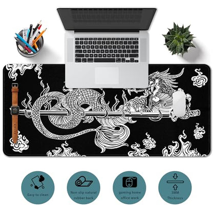 Japanese Dragon Gaming Mouse Pad Large Black Desk Mat, 31.5x11.8in, XL | Extended Big Mousepad, Waterproof Smooth Surface, Non-Slip Rubber Base, Stitched Edges, For Keyboard Mouse, For Home Office - color: Japanese Dragon