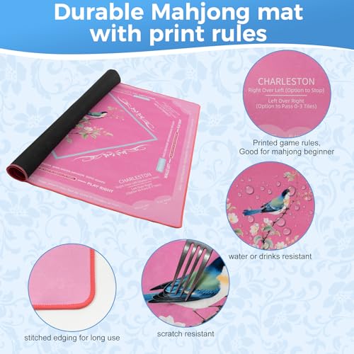 American Mahjong Mat with Rules for Table Floral Bird Design | Non Slip Noise Reduction Mah Jong Mat Mahjong Table Mat with Carry Bag for Playing Tiles Poker Board Games(Light Pink) - color: Light Pink