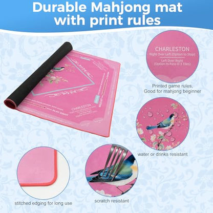 American Mahjong Mat with Rules for Table Floral Bird Design | Non Slip Noise Reduction Mah Jong Mat Mahjong Table Mat with Carry Bag for Playing Tiles Poker Board Games(Light Pink) - color: Light Pink