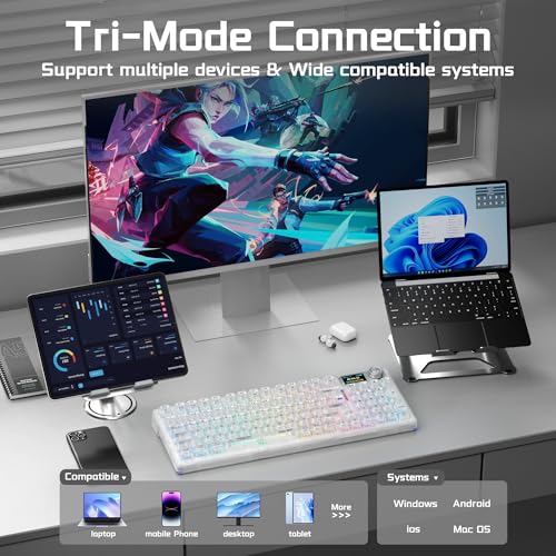 Aula F98Pro V3 Wireless Mechanical Keyboard with Screen & Knob,Tri-Mode Hot Swappable Computer Keyboards,10000mAh Battery,Clear Keycaps RGB Backlit Gasket Mount White Gaming Keyboard for PC/Office - color: White