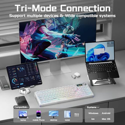 Aula F98Pro V3 Wireless Mechanical Keyboard with Screen & Knob,Tri-Mode Hot Swappable Computer Keyboards,10000mAh Battery,Clear Keycaps RGB Backlit Gasket Mount White Gaming Keyboard for PC/Office - color: White
