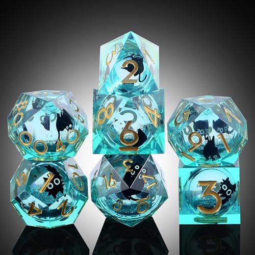 DNDND 7-Piece Teal Clear RPG Dice Set - Sparkling Liquid Core, Kawaii Cat Stickers, Foam-Lined Metal Case for Tabletop Gamers(Teal) - color: Cat Teal