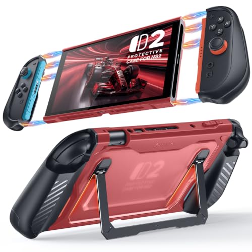 GolbinBox Hard Shell Case for Nintendo Switch 2 with Kickstand, Red | Magnetic split design, aluminum stand, military grade protection, detachable Joy-Con covers, for travel and commuting - color: Red