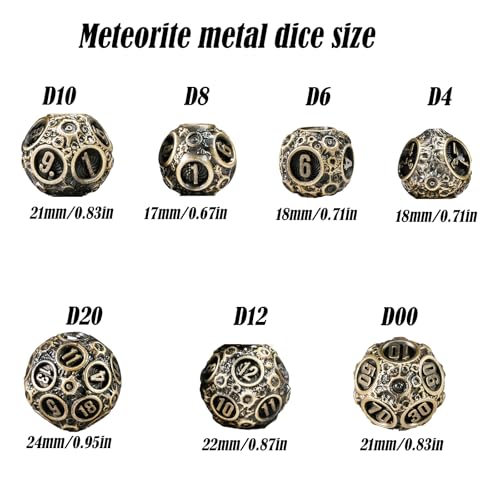 Unbeaten 7PCS Meteorite Metal Dice Set with Box, RPG DND Dungeons and Dragons Role Playing Game Polyhedral Dice Set D20 D12 D10 D8 D6 D4 (Ancient Bronze)