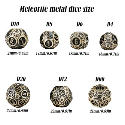 Unbeaten 7PCS Meteorite Metal Dice Set with Box, RPG DND Dungeons and Dragons Role Playing Game Polyhedral Dice Set D20 D12 D10 D8 D6 D4 (Ancient Bronze)