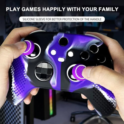 Anti-Slip Purple Black Controller Skin,Studded Edition Protective Silicone Cover Skin Grips Compatible with Xbox Series X/S Controller and 6 PCS Thumb Grips Caps. - color: Purple Black