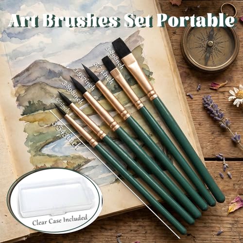 6-Piece Travel Watercolor Brush Set, Mini Kolinsky Sable Paint Brushes with Short Handles — Flat Round Detail Liner for Watercolor, Gouache, Oil, Acrylic Painting