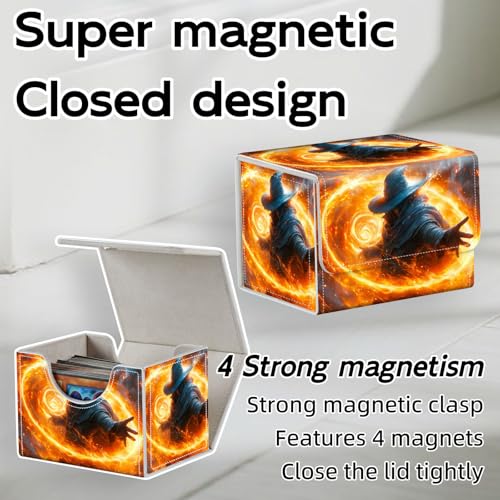 Trading Card Storage Box, Holds 100+ for MTG Cards, PU Leather with Magnetic Closure, Blue Hat Mage with Swirling Fire Magic Durable Deck Box for Magic the Gathering, Trading Card Games - color: Blue Hat Mage with Swirling Fire Magic