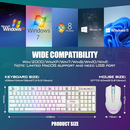 RedThunder K10 Wireless Gaming Keyboard and Mouse Combo, LED Backlit Rechargeable 3800mAh Battery, Mechanical Feel Anti-ghosting Keyboard + 7D 3200DPI Mice for PC Gamer (White) - color: White