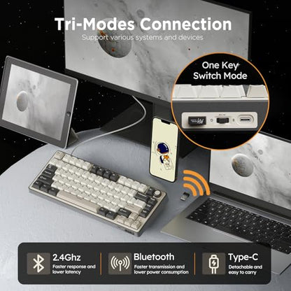 RK ROYAL KLUDGE R75 Wireless Mechanical Keyboard, 75% Percent Custom Gaming Keyboard Gasket Mount RGB Backlit with Knob & PBT Keycaps, BT5.1/2.4GHz/USB-C, Hot Swappable Cream Switch, White - color: white