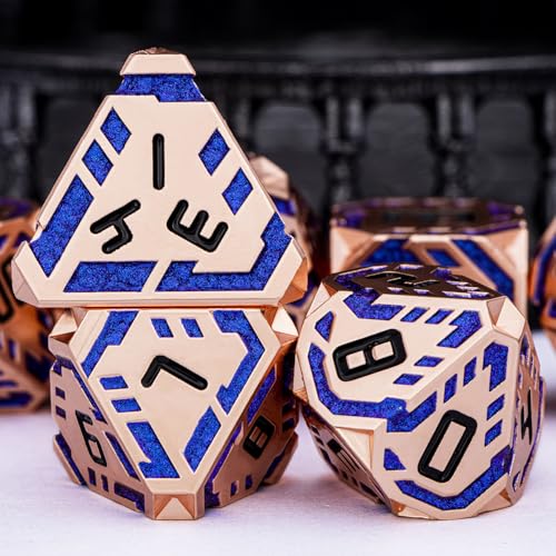 Metal DND Sci-fi Dice Set 7PCS Stripe Polyhedral Dice for Dungeons Dragons RPG Role Playing Game, Glitter D and D Dice with Gift Box D6 D8 D10 D12 D20 (Copper Blue) - color: Copper Blue
