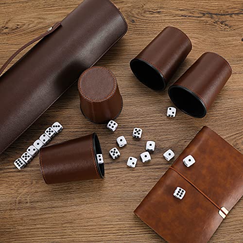 2-Pack Leather Dice Cup Set, 10 Brown Cups, 50 Dice with 2 Storage Cases | PU leather dice set with 5 felt-lined cups, 25 dice and storage case for Liar’s Dice, craps, backgammon and party games - color: Brown X2