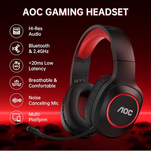 AOC Bluetooth Gaming Headset with Mic for PC, PS5/4, Nintendo Switch, 2.4GHz Wireless Gaming Headphones with RGB, USB-C, 7.1 Virtual Surround 20ms, Latency, 45H Playtime- Red - color: Red