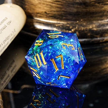 Cusdie Single D20 DND Dice with Sharp Edges and Glitter Foil Inclusions, 20 Sided D&D Dice, 33mm Handcrafted Polyhedral Dice, for Role Playing Game (Sapphire Blue/G) - color: Sapphire Blue
