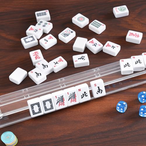 ZGME American Mahjong Set,166 White Tiles with Blue Bag and Accessories,4 Transparent All-in-One Mahjong Racks with Pushers,Complete Mahjong Set - color: Deep Blue