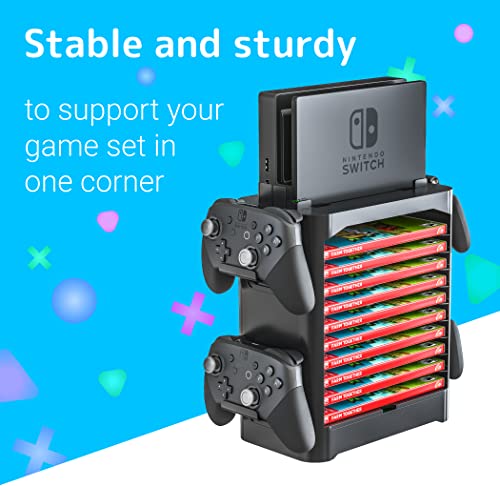 NS Compatible Nintendo Switch Games Holder, Nintendo Switch Stand - Black | Holds up to 10 Game Case & 4 controllers Game Disk Rack, Switch Holder Stand for Gamers, Nintendo Switch Accessories - color: Black