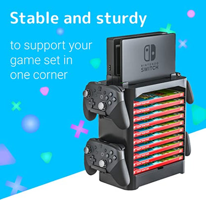 NS Compatible Nintendo Switch Games Holder, Nintendo Switch Stand - Black | Holds up to 10 Game Case & 4 controllers Game Disk Rack, Switch Holder Stand for Gamers, Nintendo Switch Accessories - color: Black