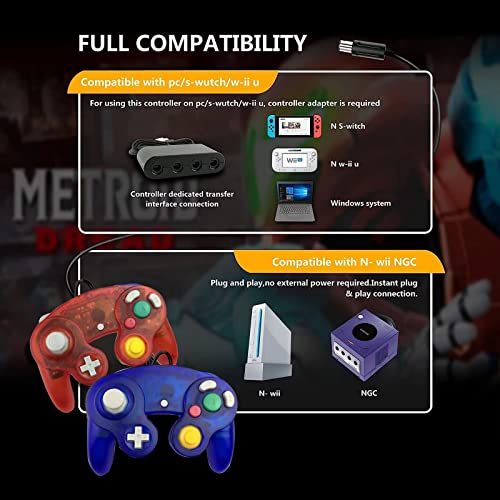 FIOTOK Gamecube Controller, Classic Wired Controller for Wii & Gamecube | Clear Red & Clear Blue -2Pack - color: Clear Red & Clear Blue