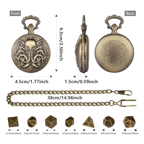 Mini DND Dice Set with Steampunk Double Eyed Octopus Pocket Watch Case, Tiny 7PCS Polyhedral Metal D&D Dice, DND Gifts with Gift Box, Role Playing Game Board Game Accessories Dice, Bronze - color: Bronze
