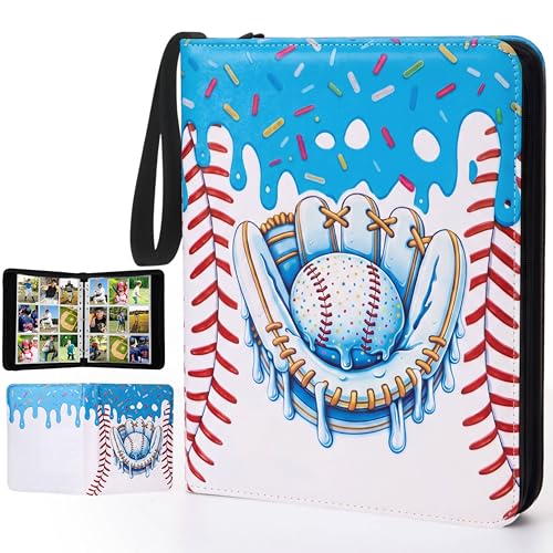 Pasimy 900 Pockets Ice Cream Drip Baseball Card Binder for Trading Cards 9 Pockets with 50 Removable Sleeves 3 Ring Baseball Card Holder Binder with Zipper for Sport Collection Book Storage Album - color: Blue White, size: 13.39 x 11.42 Inch, style: Ice C