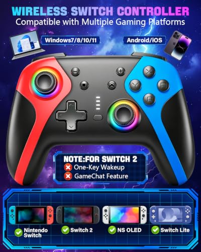 GaloDrmy Wireless Switch Controllers for Nintendo Switch/OLED/Lite/Switch 2 | 1000mAh Rechargeable Switch Pro Controller with 10 Color LED/Motion Control/Wake Up/Turbo/Hall Effect Joysticks, Red & Blue - color: Red & Blue