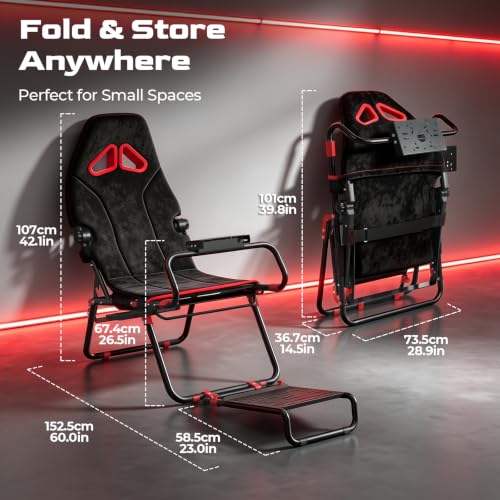 RACGTING Foldable Racing Simulator Cockpit,Gaming Sim Cockpit with Red Seat | Space-saving Storage, Fully Adjustable, 80% pre-assembled, Fit fot Logitech Thrustmaster MOZA, For apartments & living rooms