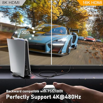 16K 10K 8K HDMI 2.2 Cable 96Gbps 6.6FT/2M, Ultra High Speed HDMI Braided Cord Support 4K@480Hz 8K@240Hz, HDCP 2.2&2.3, Dynamic HDR, eARC,DTS:X, Compatible with Roku TV/HDTV/PS5/Blu-ray - size: 6.6FT