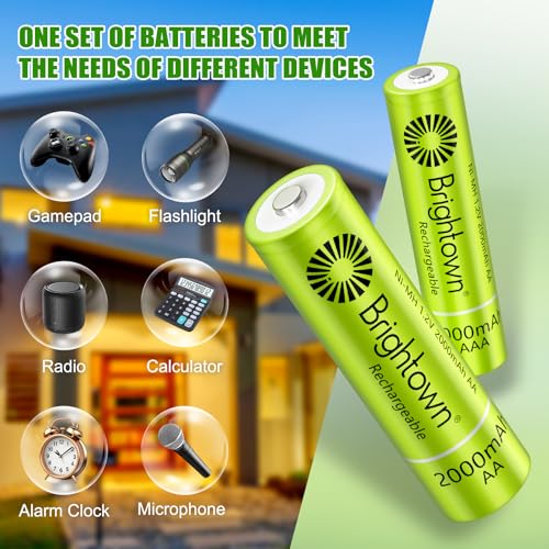 Brightown 16 Pack AA 2000mAh and 16 Pack AAA 1000mAh Rechargeable Batteries Combo - 1.2V NiMH High Capacity Battery - Ideal for Solar Lights & Home Devices, Recharge up to 1000x Times, Pre-Charged - size: 16PC AA 2000mAh + 16PC AAA 1000mAh