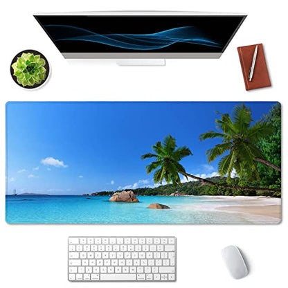 SSOIU Tropical Paradise Sunshine Beach Coast Sea Palm Trees Mouse Pad 35.5 X 15.7 Inch XXL Full Desk Mousepad Extended Large Non-Slip Rubber Base Waterproof Big Keyboard Mat with Stitched Edges - color: Beach Palm Trees