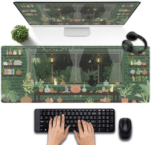 Kawaii Rainy Night Desk Mat Green Plants Gaming Mouse Pad XL, Aesthetic Anime Black Cat Desk Pad Laptop Computer Keyboard Mouse Mat, Desktop Decor Accessories for Girl Women Office 31.5"x11.8" - color: Green Rainy Night Plants