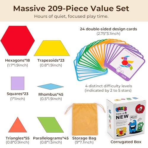 LovesTown 209 PCS Shapes Wooden Pattern Blocks for Kids, Geometric with Activity Cards and Storage Bag, Educational Tangram Puzzles,Great Learning Gift from Parents or Teachers (Pack of 2) - size: 230 (Pack of 2)