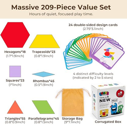 LovesTown 209 PCS Shapes Wooden Pattern Blocks for Kids, Geometric with Activity Cards and Storage Bag, Educational Tangram Puzzles,Great Learning Gift from Parents or Teachers (Pack of 2) - size: 230 (Pack of 2)
