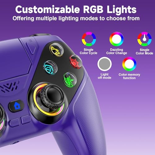 Wireless Controller for PS5/PlayStation 5 & PC, Bluetooth Gamepad with RGB Lighting, Turbo, Programmable Buttons, 6-Axis Motion Sensor, 3.5mm Audio Jack, 1000mAh Battery - color: Purple