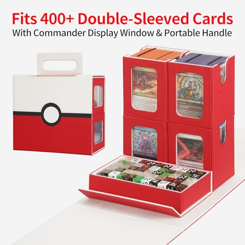 AFIING Commander Deck Box for MTG/EDH, Fits 400+ Double-Sleeved Cards, with Display Window, 4 Removable Deck Cases, Dividers, Dice Tray & Handle, Card Holders for TCG (White Red) - color: White Red