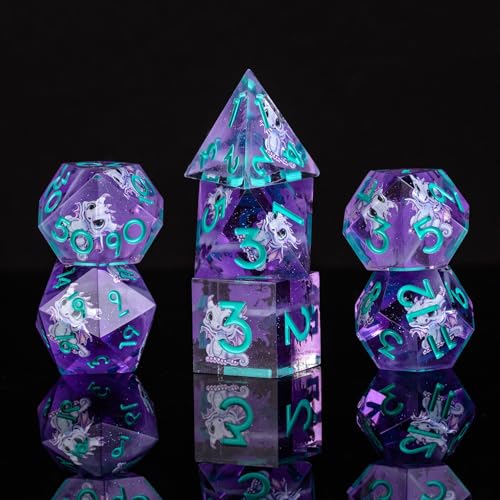 Double Layered Resin Dice Set 7pcs d4 d6 d8 d10 d12 d20 Dragon Pattern& Blue umbers Sharp Edged Polyhedral Dice Apply to D&D DNDRole Playing Game RPG Party Gift - color: Purplish Blue