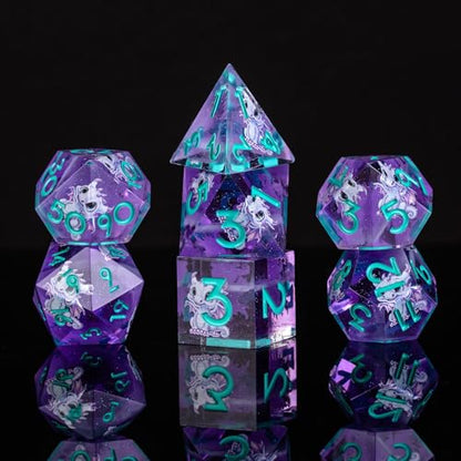 Double Layered Resin Dice Set 7pcs d4 d6 d8 d10 d12 d20 Dragon Pattern& Blue umbers Sharp Edged Polyhedral Dice Apply to D&D DNDRole Playing Game RPG Party Gift - color: Purplish Blue