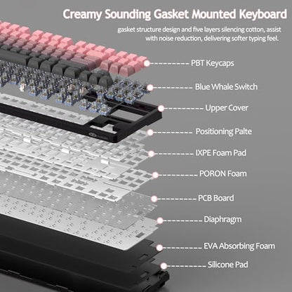 MageGee LIGHT87 Wireless Creamy Keyboard, Gasket Structure, RGB Backlit, 2.4G/USB-C/BT5.0 Hot Swappable Mechanical Gaming Keyboard for Win/Mac/PC, 8000mAh Battery, Side Printed PBT Keycaps, Pink - color: Pink Black/Blue Whale Switch