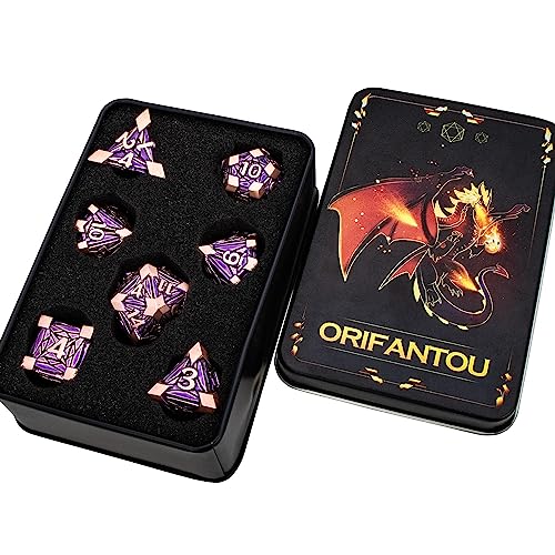 7PCS Metal DND Dice Set with Box, Debris RPG Purple D and D Dice for use with D&D Tabletop Games Role Playing Game Polyhedral Dice Set D20 D12 D10 D8 D6 D4 - color: Copper Purple