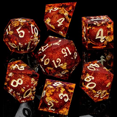 ARUOHHA Liquid Core DND Dice Set, 7pcs Resin Sharp Edged Dragons Dice Compatible with D&D Role Playing Games, RPG Golden Numbers Red Dungeons Polyhedral Dice with Gift Box, D and D Dice Set D20 D10 D6 - color: Golden Red