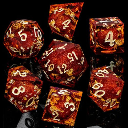 ARUOHHA Liquid Core DND Dice Set, 7pcs Resin Sharp Edged Dragons Dice Compatible with D&D Role Playing Games, RPG Golden Numbers Red Dungeons Polyhedral Dice with Gift Box, D and D Dice Set D20 D10 D6 - color: Golden Red