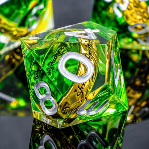OUKELANWO Magic Lord Rings DND Dice Set with Box, 7Pcs Resin LOTR D&D Dice Set for Role Playing Game, Green Dungeons Dragons D and D Sharp Edge Dice D20 D12 D10 D8 D6 D4 - color: Green & White