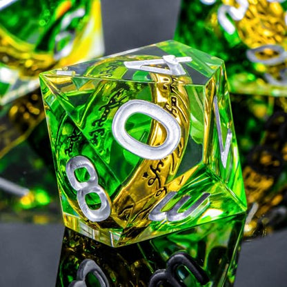 OUKELANWO Magic Lord Rings DND Dice Set with Box, 7Pcs Resin LOTR D&D Dice Set for Role Playing Game, Green Dungeons Dragons D and D Sharp Edge Dice D20 D12 D10 D8 D6 D4 - color: Green & White
