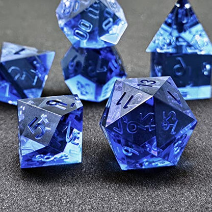 Bescon Crystal Clear (Unpainted) Sharp Edge DND Dice Set of 7, Razor Edged Polyhedral D&D Dice Set for Dungeons and Dragons Role Playing Games, Sapphire Color - color: Sapphire