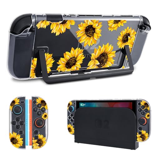 DLseego Protective Case Flower Floral Clear Switch 2 (2025), Detachable Joy-Handle Protective Case 2-Piece Split Full Wrap PC Hard Shell Anti-Scratch All-Round Protection Cover, Sunflower, Yellow - color: Yellow