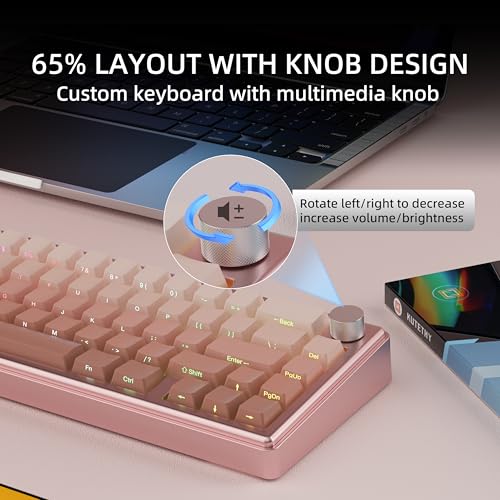 KY65 Wireless Mechanical Keyboard,65% Gasket Hot Swappable Custom Keyboard,RGB Backlit,Pre-lubed Gateron Switches,Side Printed PBT Keycaps,2.4GHz/TYPE-C/BT5.0 Mechanical Gaming Keyboards, Pink&Brown