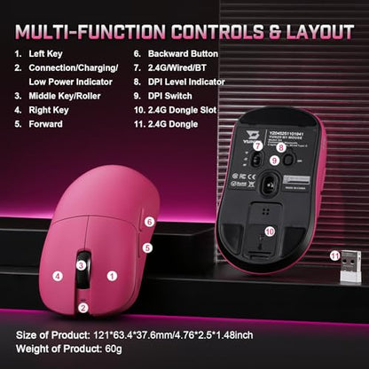 YUNZII M1 PAW3311 Sensor Wireless Gaming Mouse (Pink) | 7-Level DPI Adjustment Up to 10000 DPI, Stable 1000Hz polling rate, 60g Lightweight Design, Easy Software for Win & Mac - color: Pink