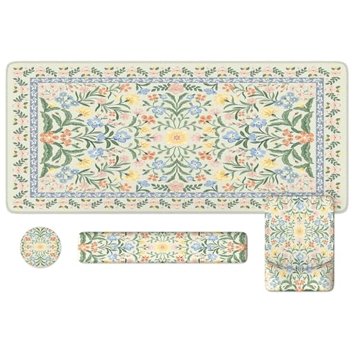 iLeadon Computer Desk Mat, Mouse Pad and Keyboard Wrist Rest Set | Cute Floral Desk Cover Mat with Non-Slip Base for Women Office, Wrist Support Pad for Keyboard and Mouse, Light Green - color: Light Green