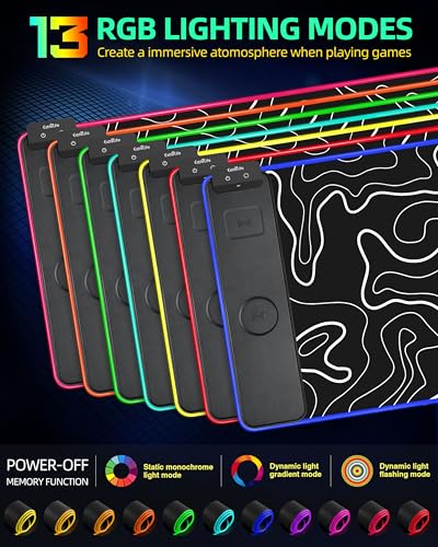 Wireless Charging Mouse Pad, RGB Gaming Mousepad, 31.5"x15.7" in | Extra Large Desk Mat, 13 Light Modes, Non-Slip Rubber Base, Waterproof Computer Keyboard Mat, Black Topographic Line - color: Black Topographic