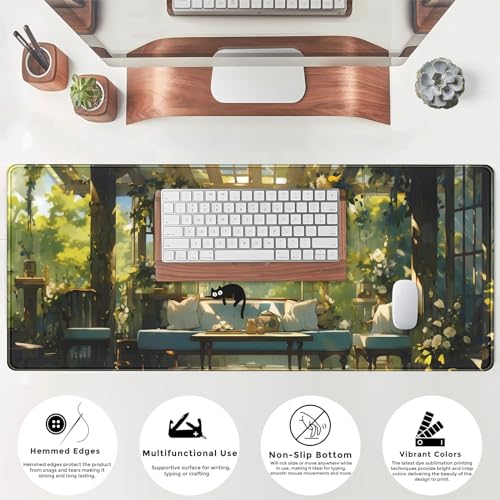 Cute Cat Desk Mat Green Plants Aesthetic Desk Pad Anime Kawaii Gaming Mouse Pad Large Mousepad Extended XL Laptop Keyboard Mouse Mat 31.5"x11.8" with Stitched Edges Non-Slip Rubber Base - color: Cute Cat
